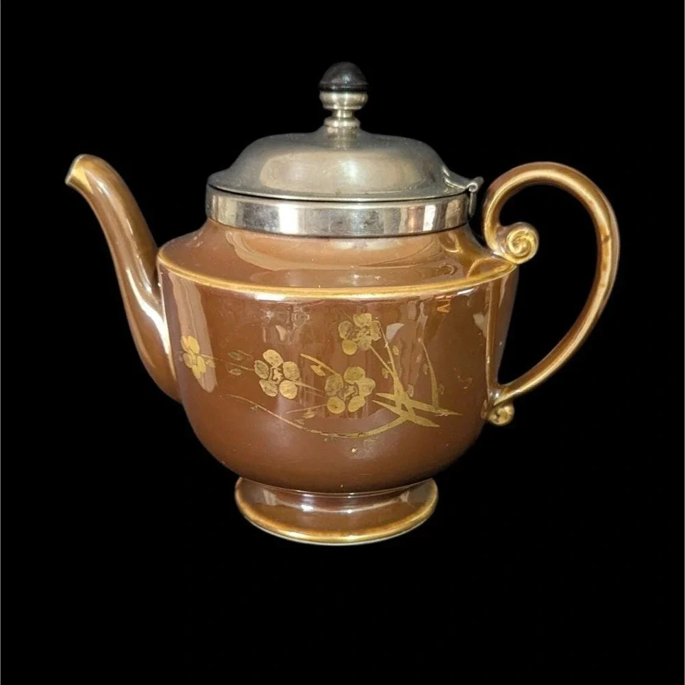 Vintage Royal-Rochester‎ Studios Brown Ceramic Teapot with Metal Lid and Infuser